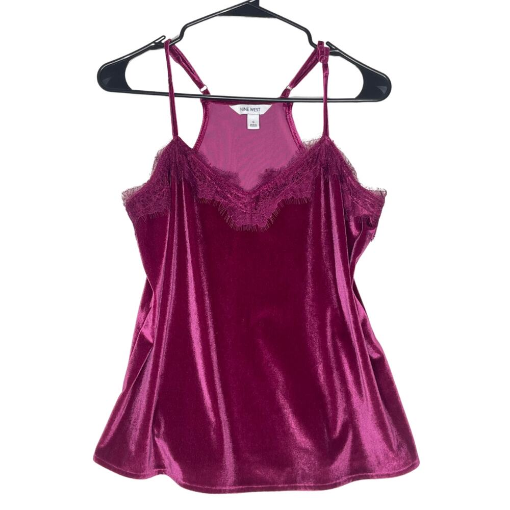 Y2K Nine West Velvet Cami Tank Top S Pink Lace Trim Fairycore Whimsigoth Party‎
